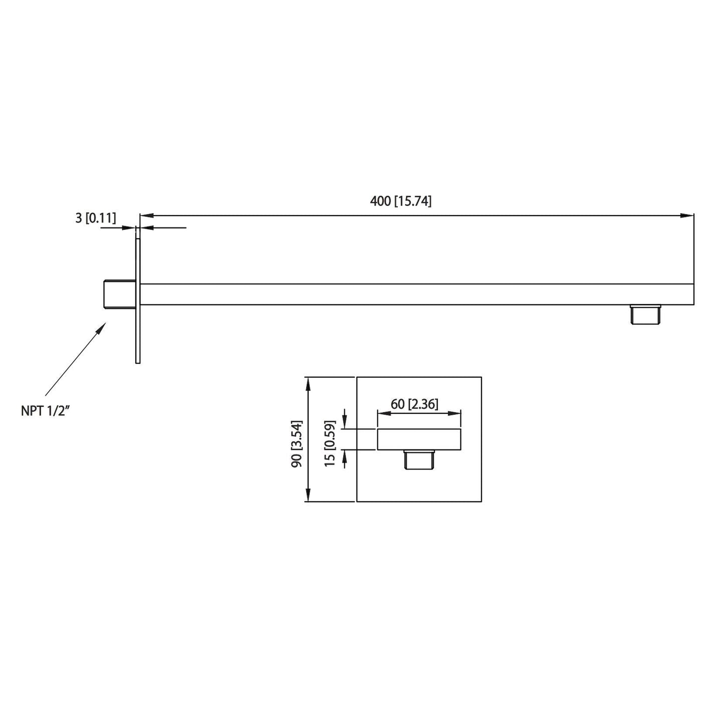 Flusso Faucets Universal Fixtures 16" Brushed Nickel PVD Solid Brass Wall-Mounted Shower Arm With Square Sliding Flange
