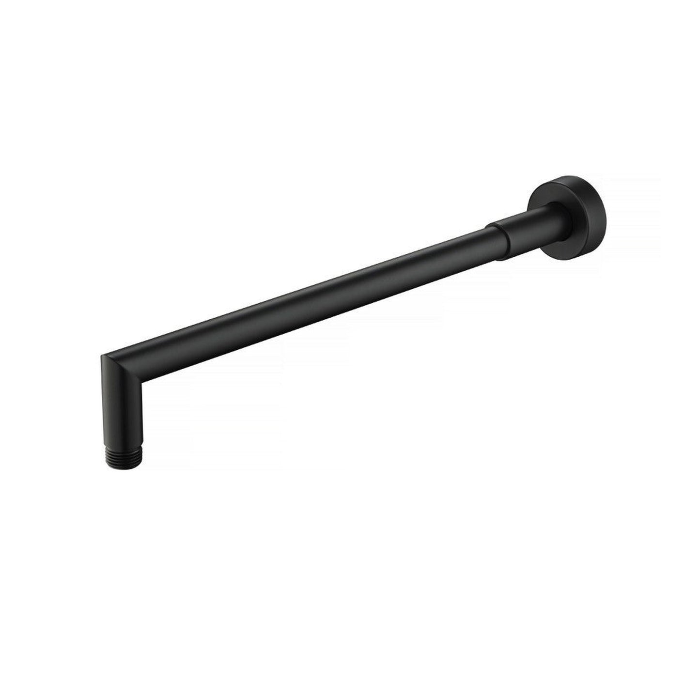 Flusso Faucets Universal Fixtures 16" Matte Black Solid Brass Wall-Mounted Shower Arm With Angled Extension and Round Sliding Flange
