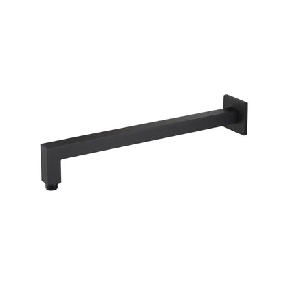 Flusso Faucets Universal Fixtures 16" Matte Black Solid Brass Wall-Mounted Shower Arm With Angled Extension and Square Sliding Flange