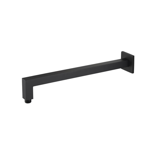 Flusso Faucets Universal Fixtures 16" Matte Black Solid Brass Wall-Mounted Shower Arm With Angled Extension and Square Sliding Flange