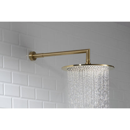 Flusso Faucets Universal Fixtures 16" Satin Brass PVD Solid Brass Wall-Mounted Shower Arm With Angled Extension and Round Sliding Flange