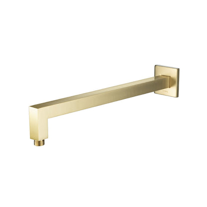Flusso Faucets Universal Fixtures 16" Satin Brass PVD Solid Brass Wall-Mounted Shower Arm With Angled Extension and Square Sliding Flange