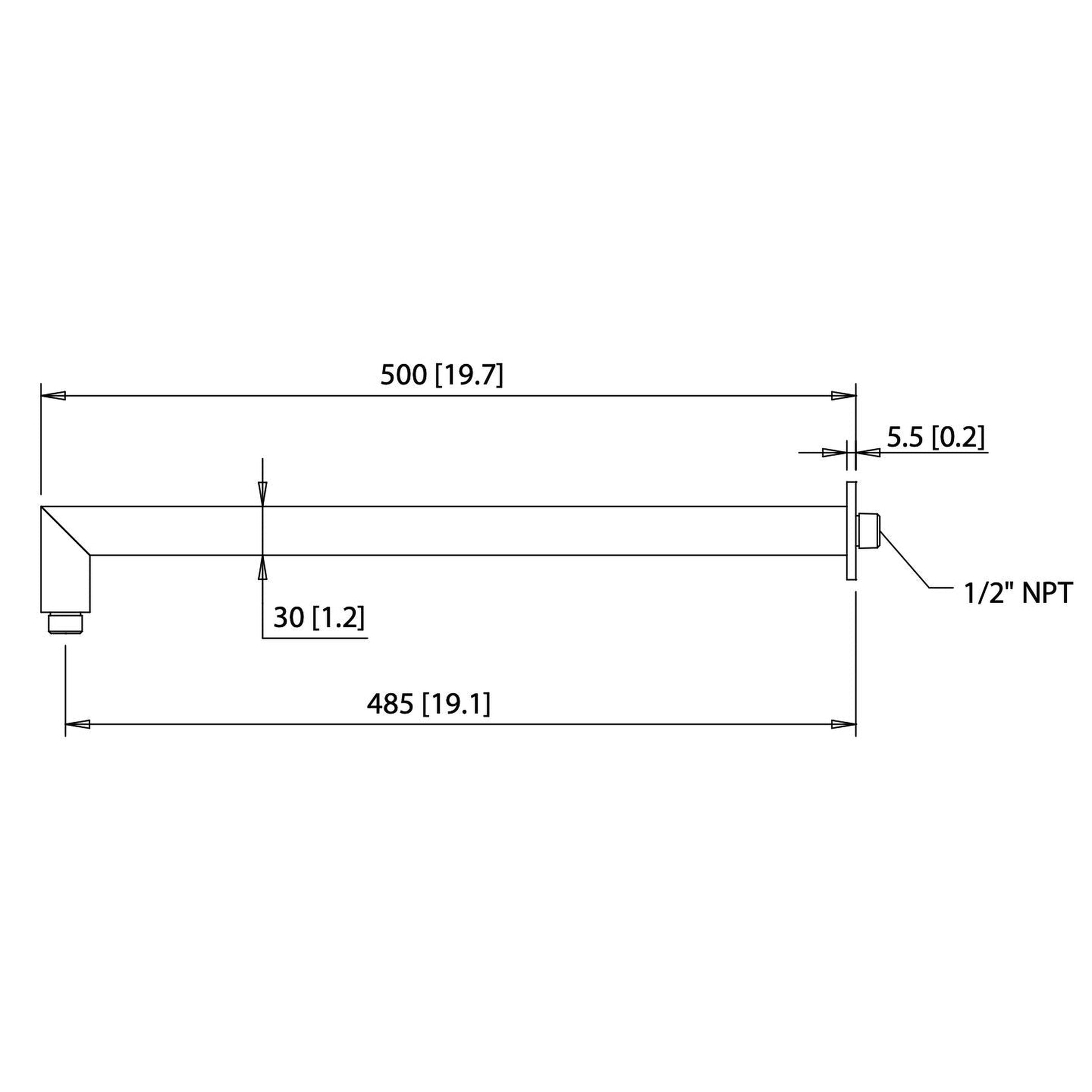 Flusso Faucets Universal Fixtures 20" Chrome Solid Brass Wall-Mounted Shower Arm With Angled Extension and Square Sliding Flange