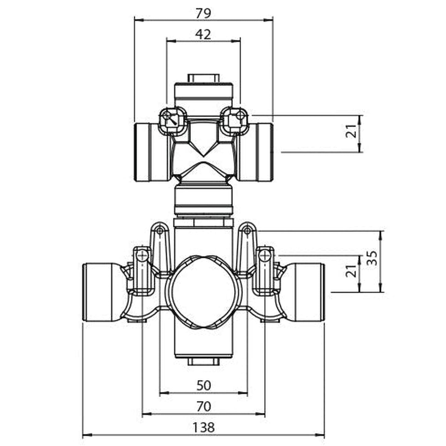 Flusso Faucets Universal Fixtures 6" 2-Output Rough Brass Wall-Mounted Thermostatic Shower Valve With 2-Way Non-Shared / Shared Diverter Cartridge And Integrated Volume Control