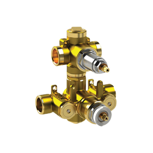 Flusso Faucets Universal Fixtures 6" 2-Output Rough Brass Wall-Mounted Thermostatic Shower Valve With 2-Way Non-Shared / Shared Diverter Cartridge And Integrated Volume Control