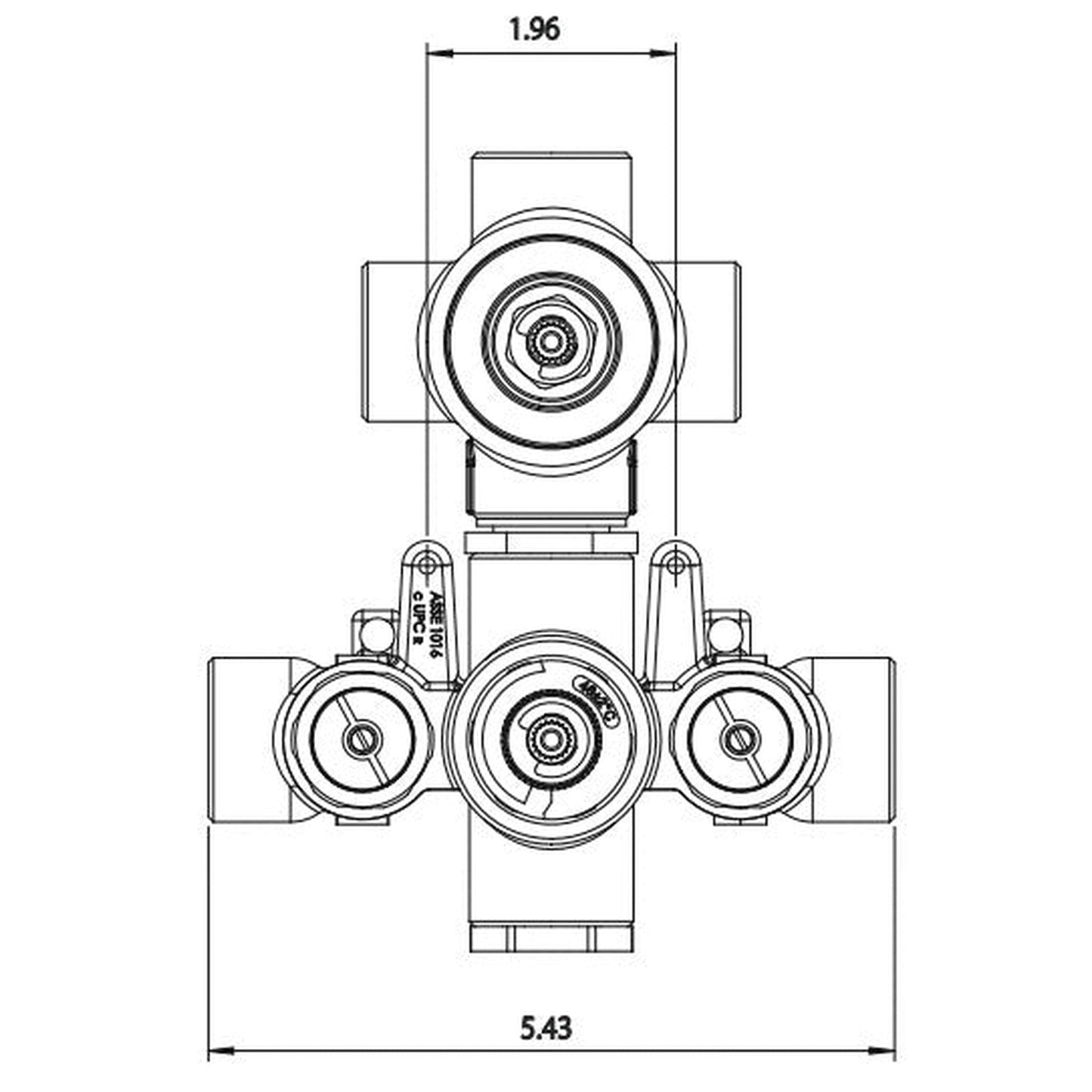 Flusso Faucets Universal Fixtures 6" 3-Output Rough Brass Wall-Mounted Thermostatic Shower Valve With 3-Way Non-Shared Diverter Cartridge And Integrated Volume Control