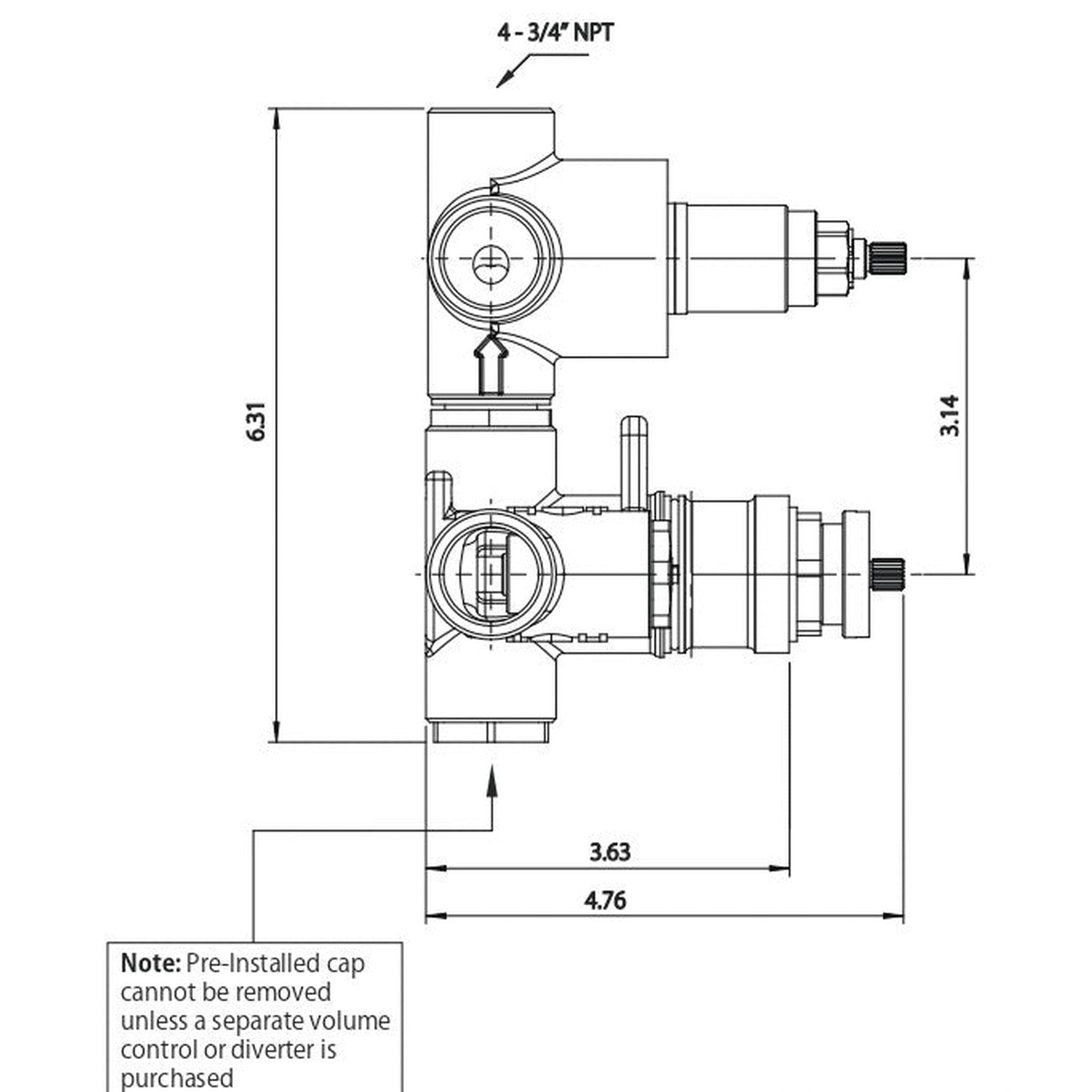 Flusso Faucets Universal Fixtures 6" 3-Output Rough Brass Wall-Mounted Thermostatic Shower Valve With 3-Way Non-Shared Diverter Cartridge And Integrated Volume Control