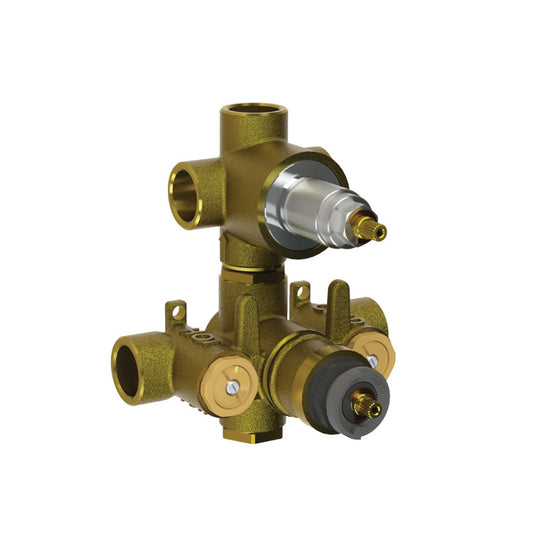 Flusso Faucets Universal Fixtures 6" 3-Output Rough Brass Wall-Mounted Thermostatic Shower Valve With 3-Way Non-Shared Diverter Cartridge And Integrated Volume Control