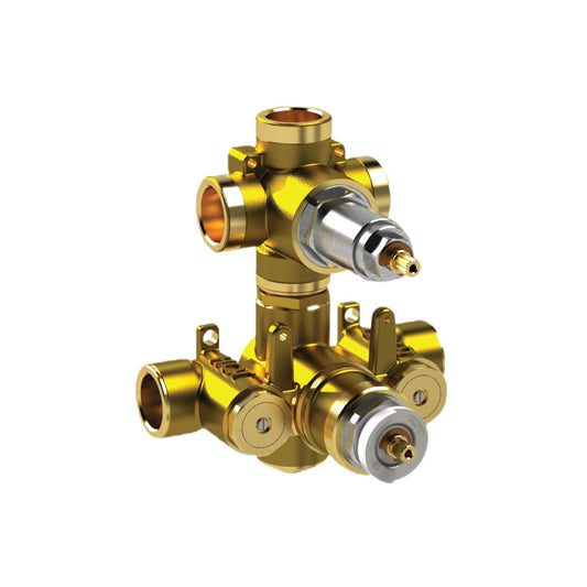 Flusso Faucets Universal Fixtures 6" 3-Output Rough Brass Wall-Mounted Thermostatic Shower Valve With 3-Way Non-Shared / Shared Diverter Cartridge And Integrated Volume Control