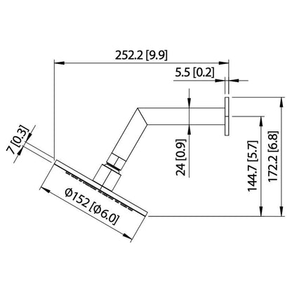 Flusso Faucets Universal Fixtures 6" Single Function Round Brushed Nickel PVD Solid Brass Rain Shower Head With 7" Wall Mounted Shower Arm