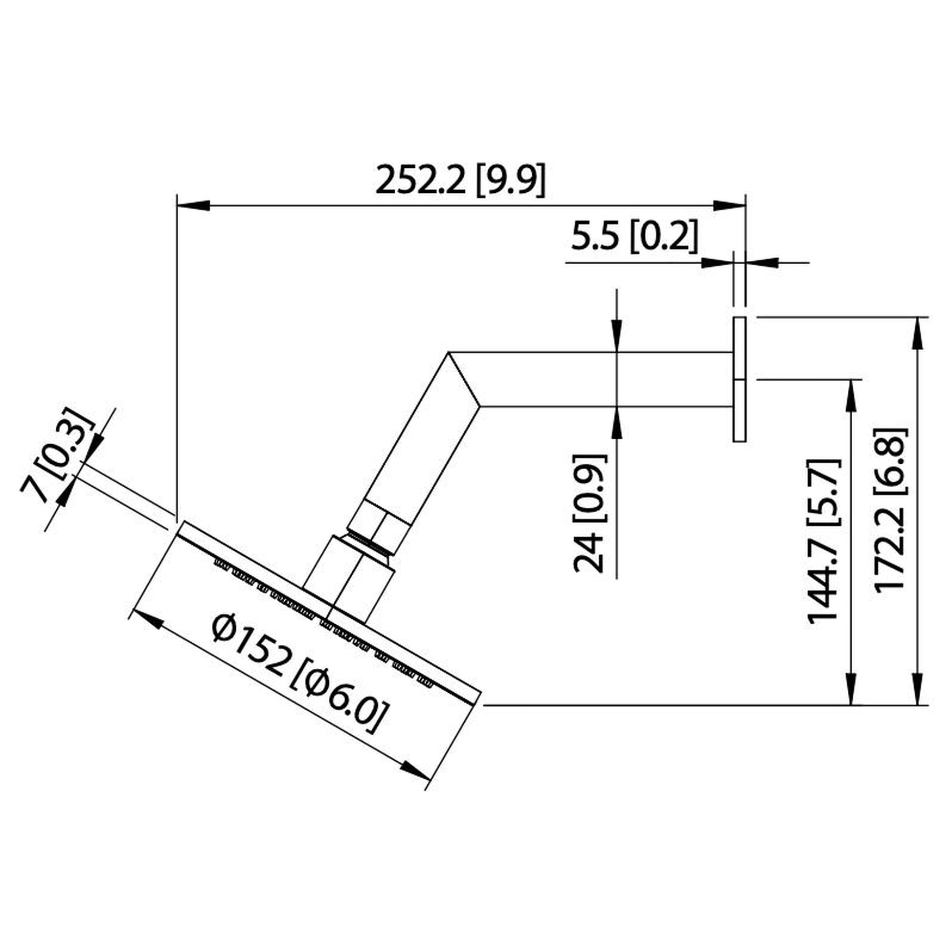 Flusso Faucets Universal Fixtures 6" Single Function Round Polished Nickel PVD Solid Brass Rain Shower Head With 7" Wall Mounted Shower Arm