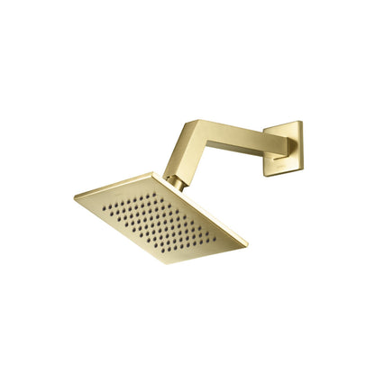 Flusso Faucets Universal Fixtures 6" Single Function Square Satin Brass PVD Solid Brass Rain Shower Head With 8" Wall Mounted Shower Arm