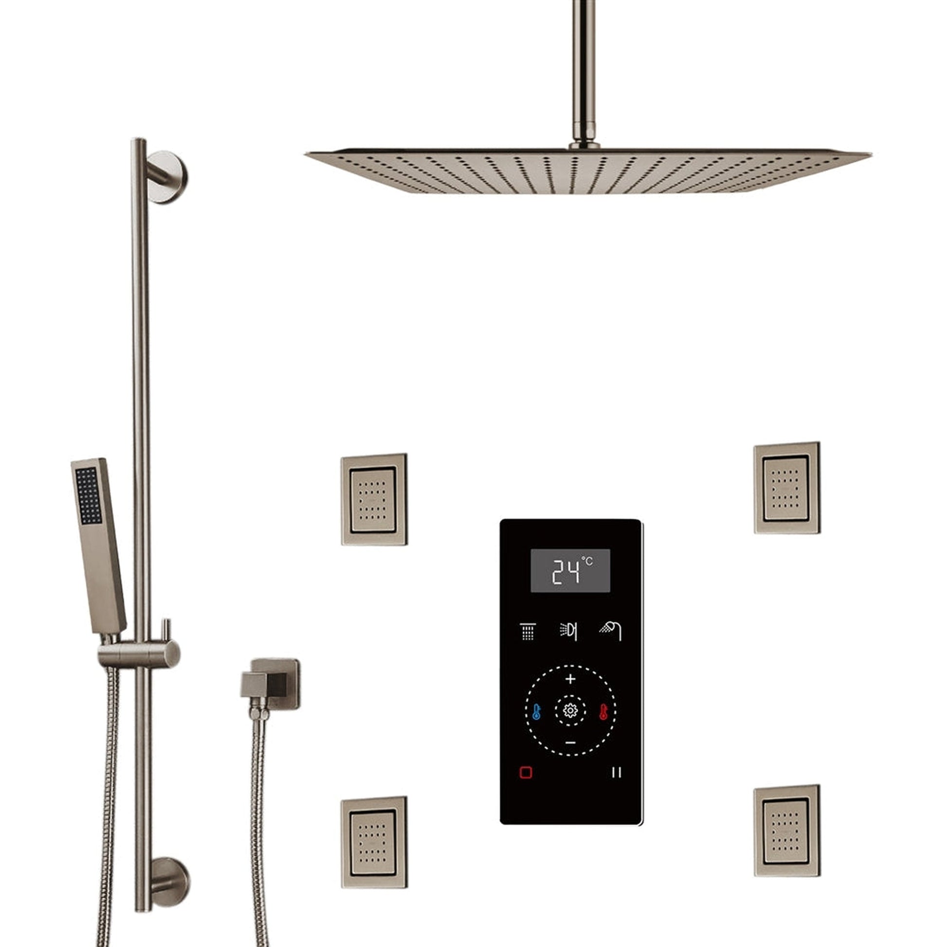 Fontana 10" Brushed Nickel Ceiling Mounted Rainfall Digital Control Shower System With 4-Jet Body Sprays, Hand Shower and Water Powered LED Lights