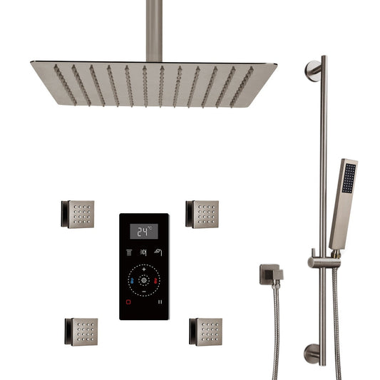 Fontana 10" Brushed Nickel Ceiling Mounted Rainfall Digital Thermostat Mixer Shower System With 4-Jet Body Spray, Hand Shower and Without Water Powered LED Lights