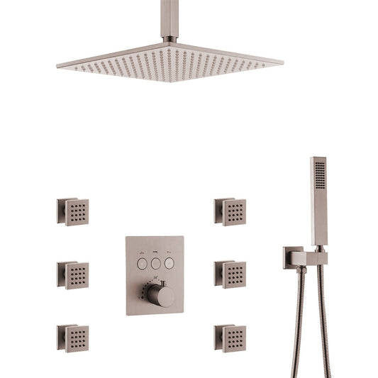 Fontana 10" Brushed Nickel Square Ceiling Mounted Rainfall Thermostat Mixer Shower System With 4-Jet Sprays and Hand Shower