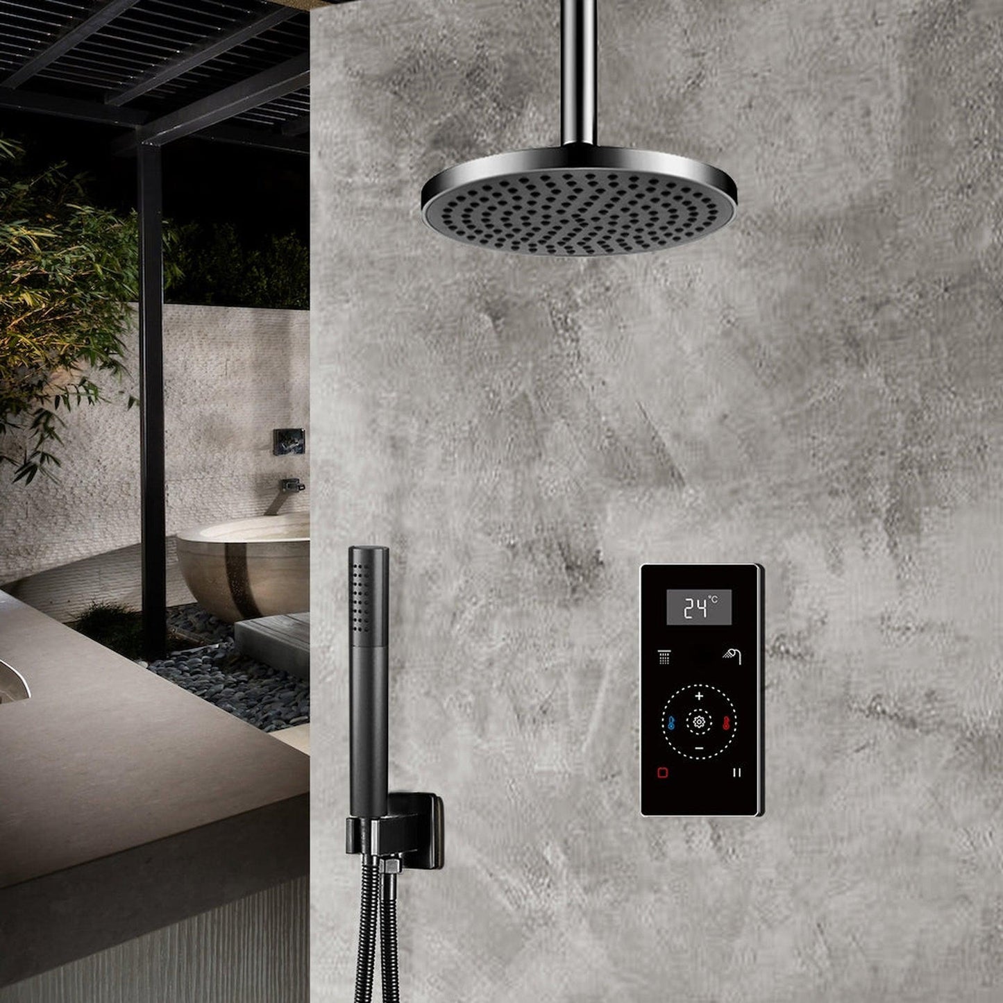 Fontana 10" Matte Black Ceiling Mounted Digital Thermostatic Shower With Black Digital Touch Screen Shower Mixer Display Rainfall Shower Set With Hand Shower