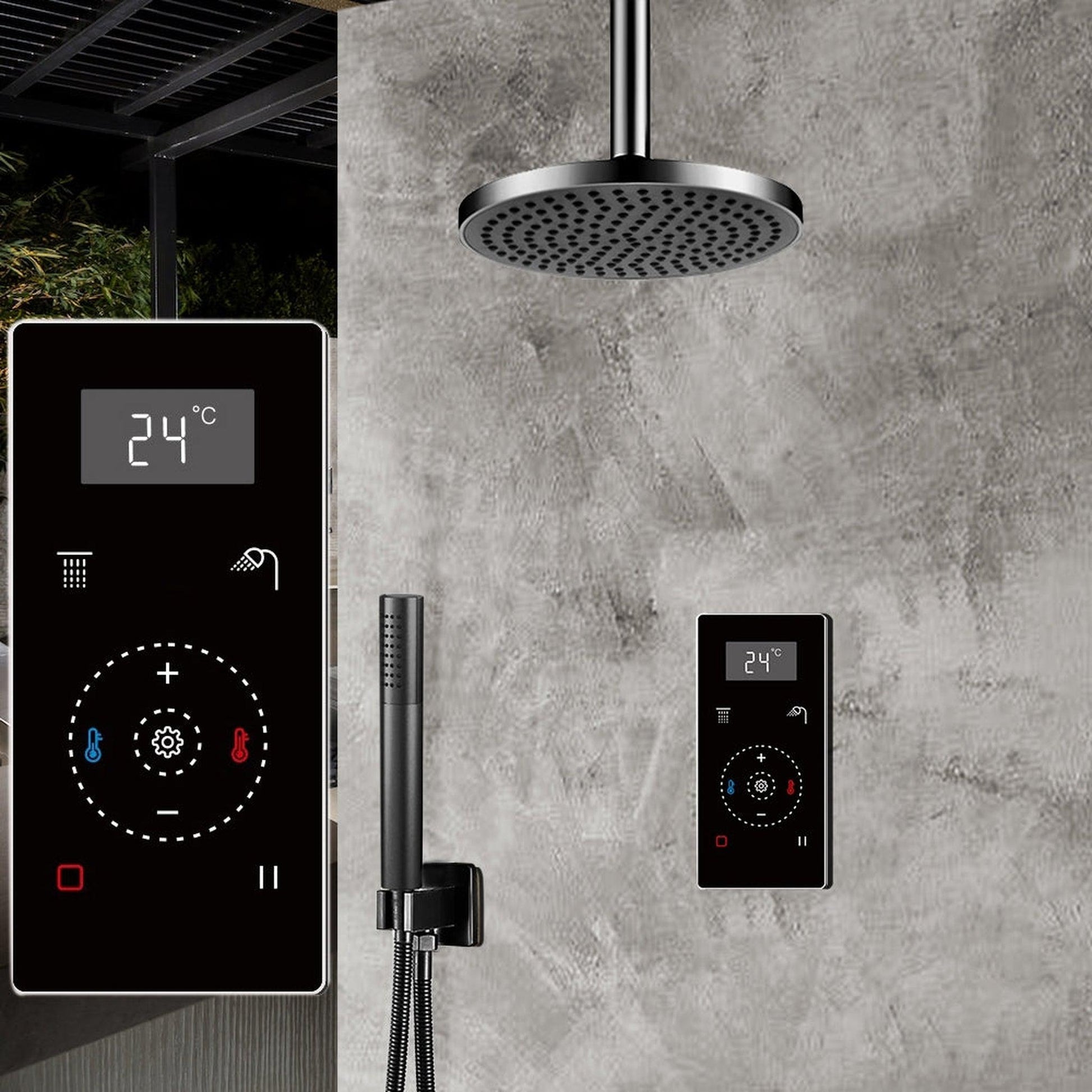 Fontana 10" Matte Black Ceiling Mounted Digital Thermostatic Shower With Black Digital Touch Screen Shower Mixer Display Rainfall Shower Set With Hand Shower