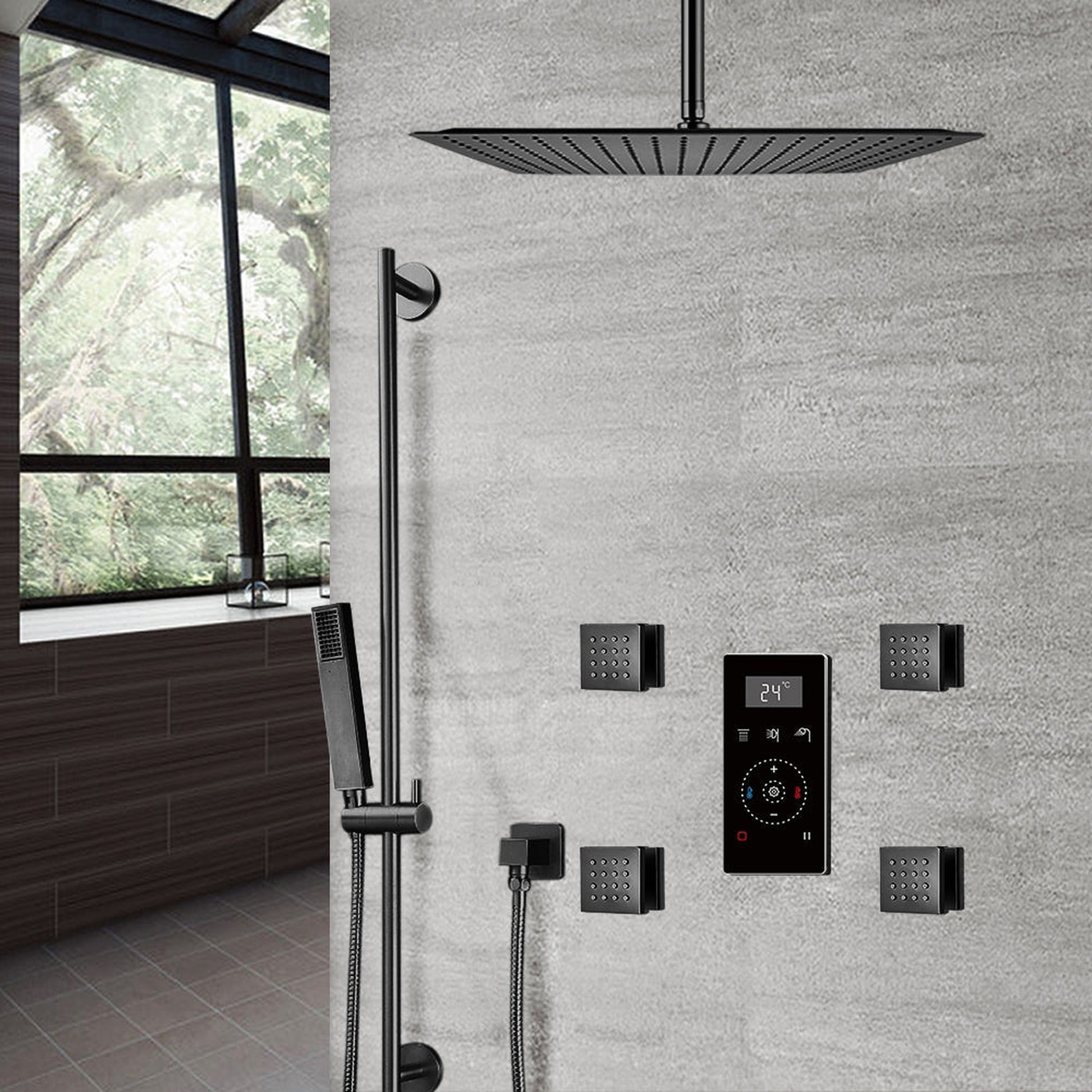 Fontana 10" Matte Black Ceiling Mounted Thermostatic Massage Shower Digital Touch Screen Shower Mixer Display 3-Function Rainfall Shower System With Hand Shower and 4-Jet Body Sprays