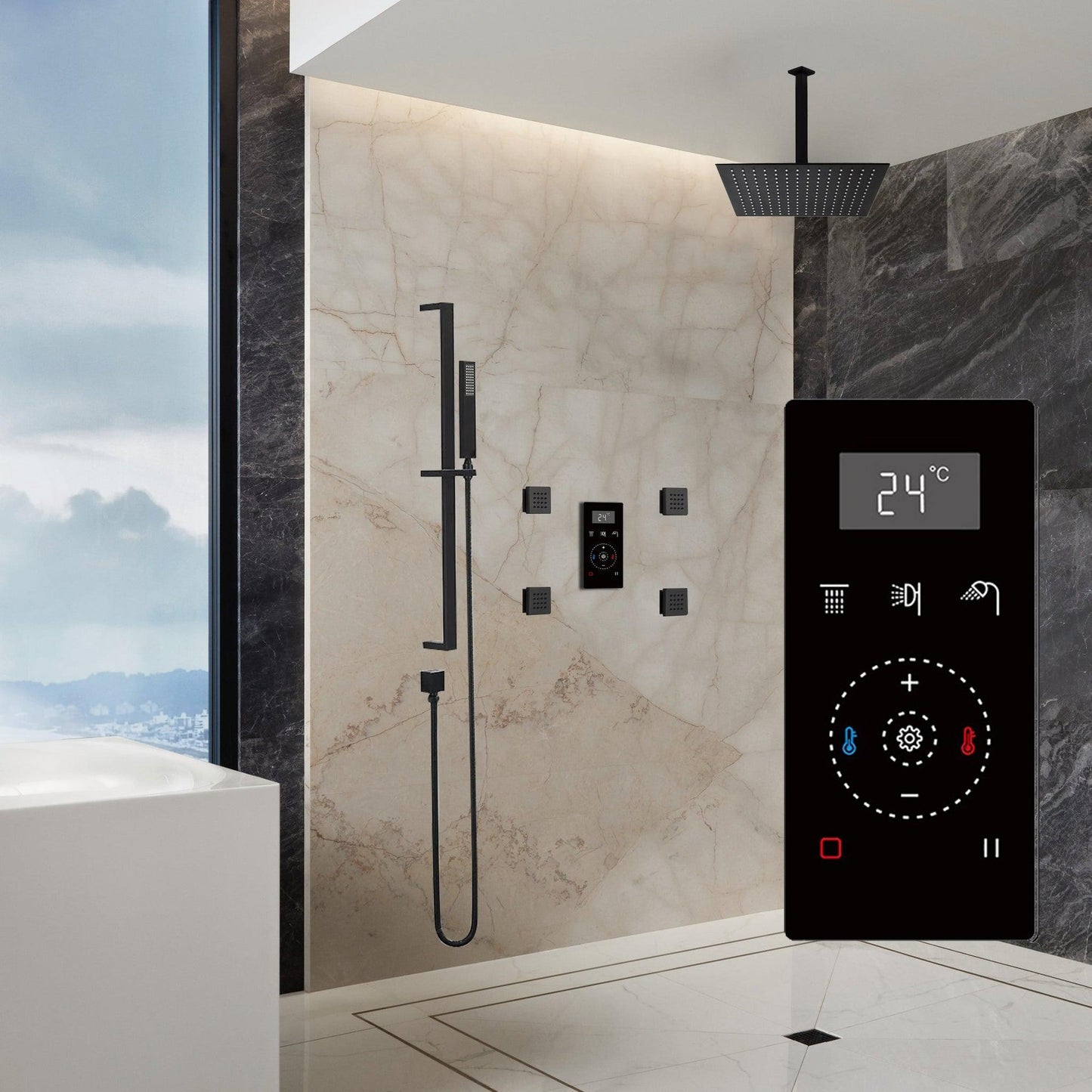 Fontana 10" Matte Black Ceiling Mounted Thermostatic Massage Shower Digital Touch Screen Shower Mixer Display 3-Function Rainfall Shower System With Hand Shower and 4-Jet Body Sprays