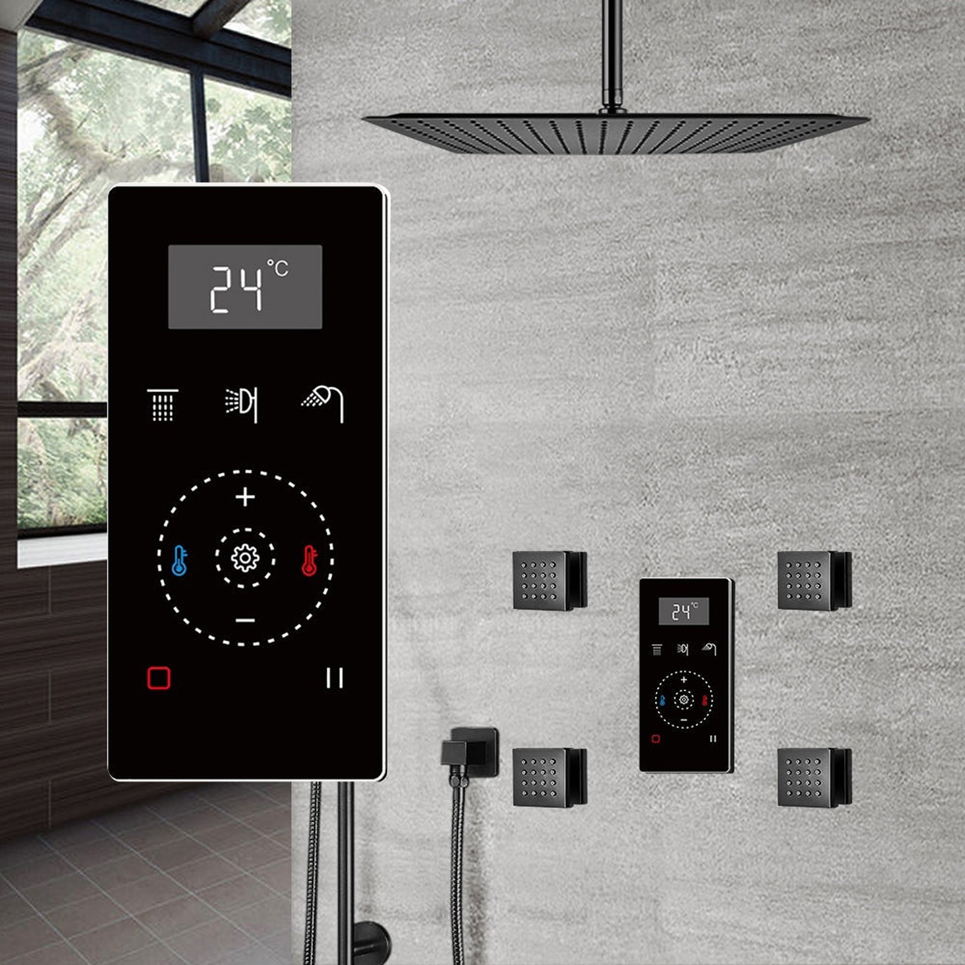 Fontana 10" Matte Black Ceiling Mounted Thermostatic Massage Shower Digital Touch Screen Shower Mixer Display 3-Function Rainfall Shower System With Hand Shower and 4-Jet Body Sprays