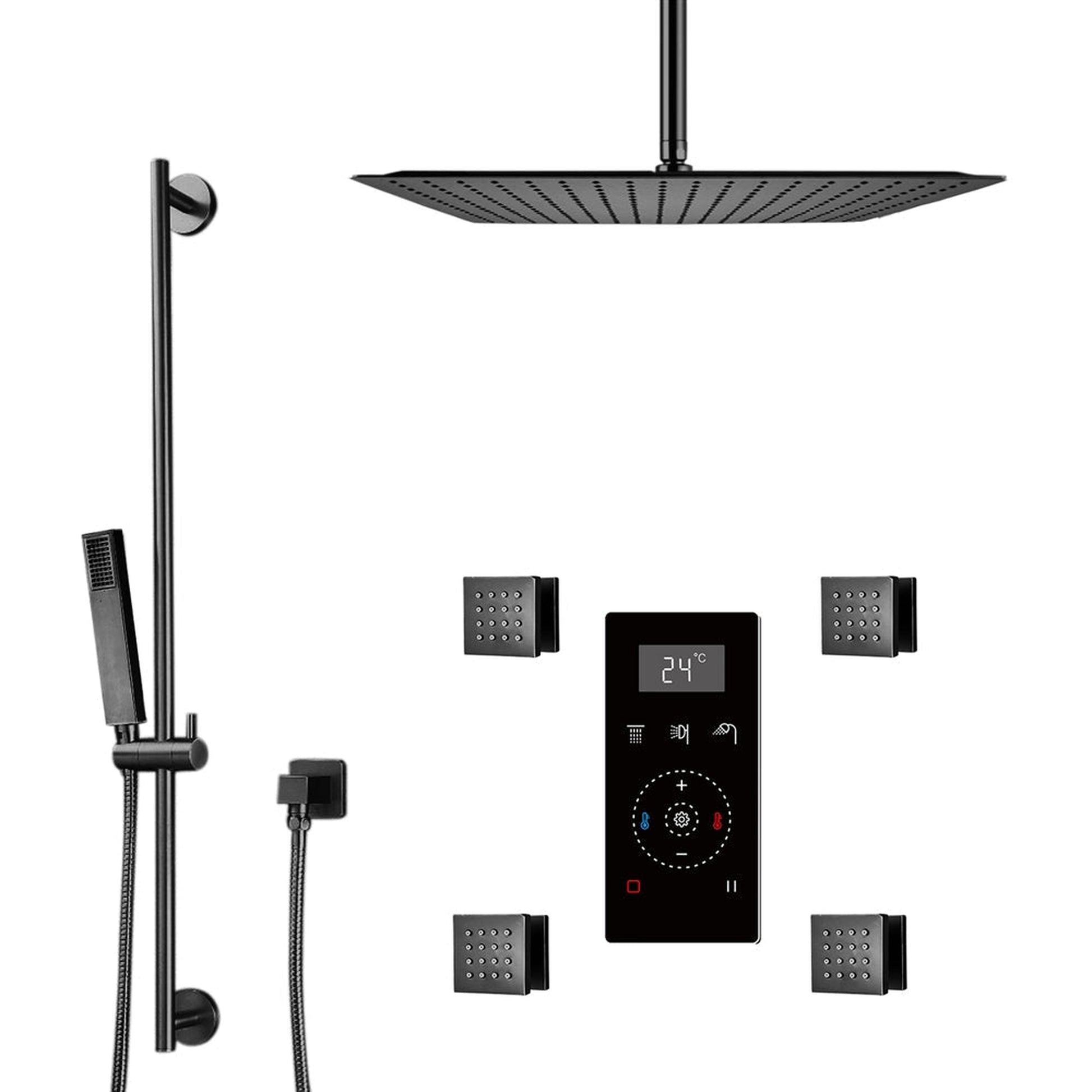 Fontana 10" Matte Black Ceiling Mounted Thermostatic Massage Shower Digital Touch Screen Shower Mixer Display 3-Function Rainfall Shower System With Hand Shower and 4-Jet Body Sprays