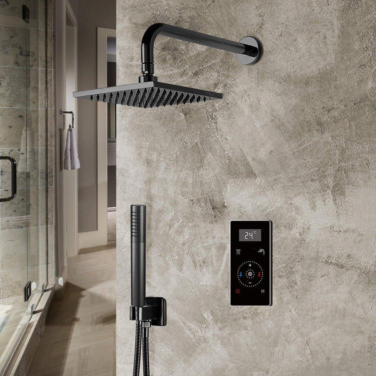 Fontana 10" Matte Black Square Wall-Mounted Automatic Thermostatic Shower With Black Digital Touch Screen Shower Mixer Display 2-Function Rainfall Shower Set With Hand Shower