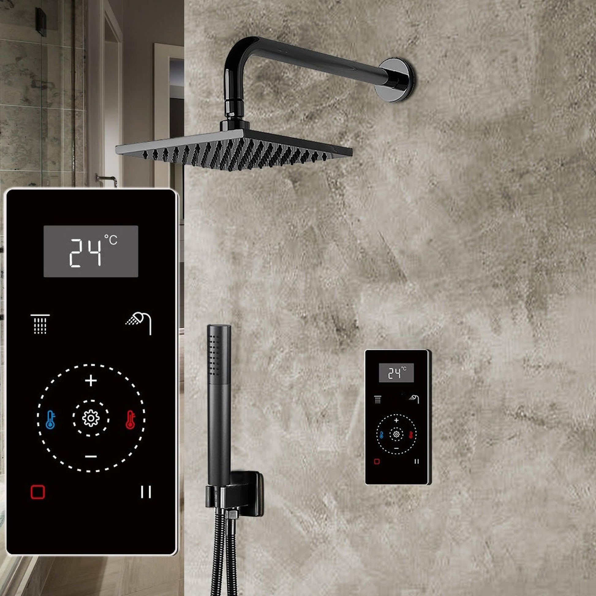 Fontana 10" Matte Black Square Wall-Mounted Automatic Thermostatic Shower With Black Digital Touch Screen Shower Mixer Display 2-Function Rainfall Shower Set With Hand Shower