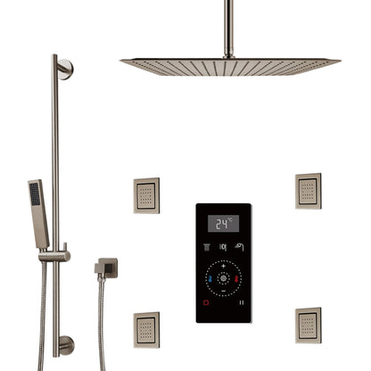 Fontana 12" Brushed Nickel Ceiling Mounted Rainfall Digital Control Shower System With 4-Jet Body Sprays, Hand Shower and Water Powered LED Lights