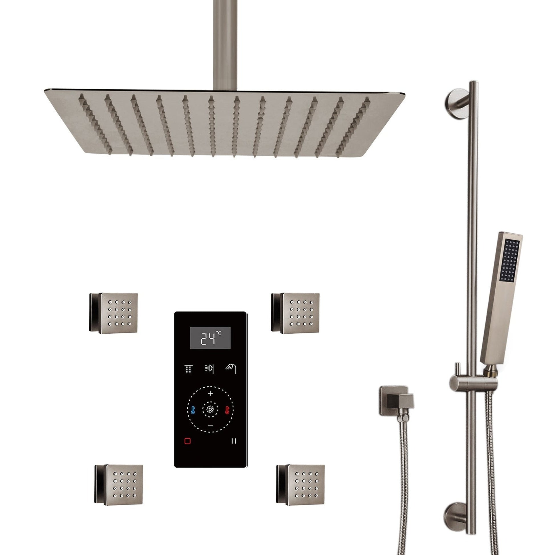 Fontana 12" Brushed Nickel Ceiling Mounted Rainfall Digital Thermostat Mixer Shower System With 4-Jet Body Spray, Hand Shower and Water Powered LED Lights