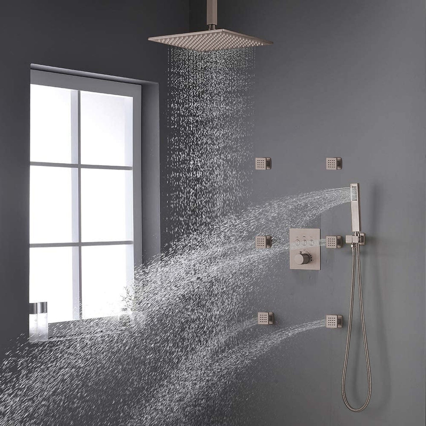 Fontana 12" Brushed Nickel Square Ceiling Mounted Rainfall Thermostat Mixer Shower System With 4-Jet Sprays and Hand Shower