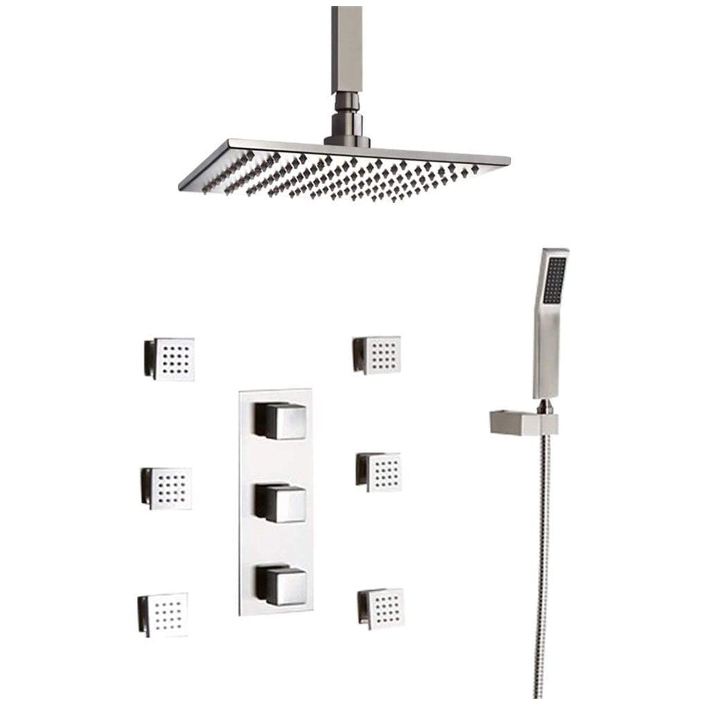 Fontana 12" Chrome Square Ceiling Mounted Thermostatic Rainfall Shower Set With 6-Jet Body Sprays and Hand Shower