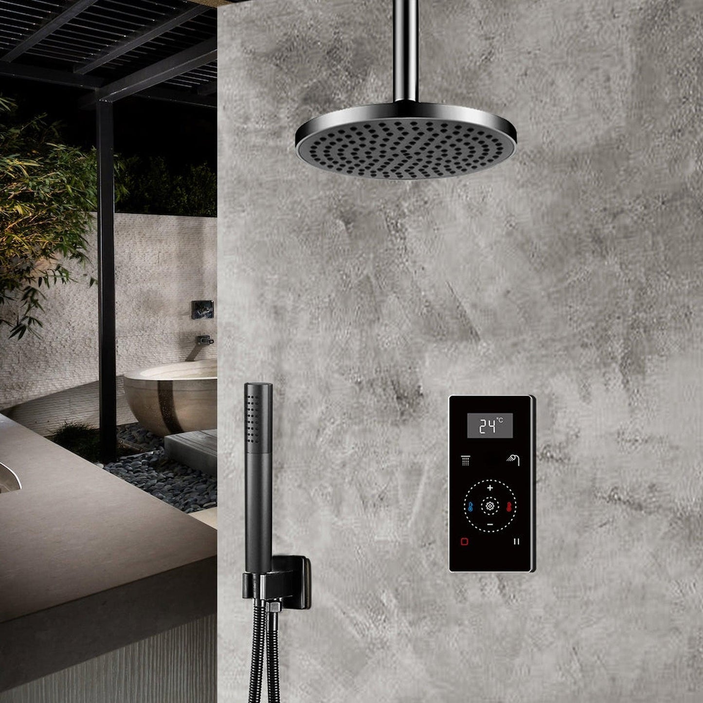 Fontana 12" Matte Black Ceiling Mounted Digital Thermostatic Shower With Black Digital Touch Screen Shower Mixer Display Rainfall Shower Set With Hand Shower