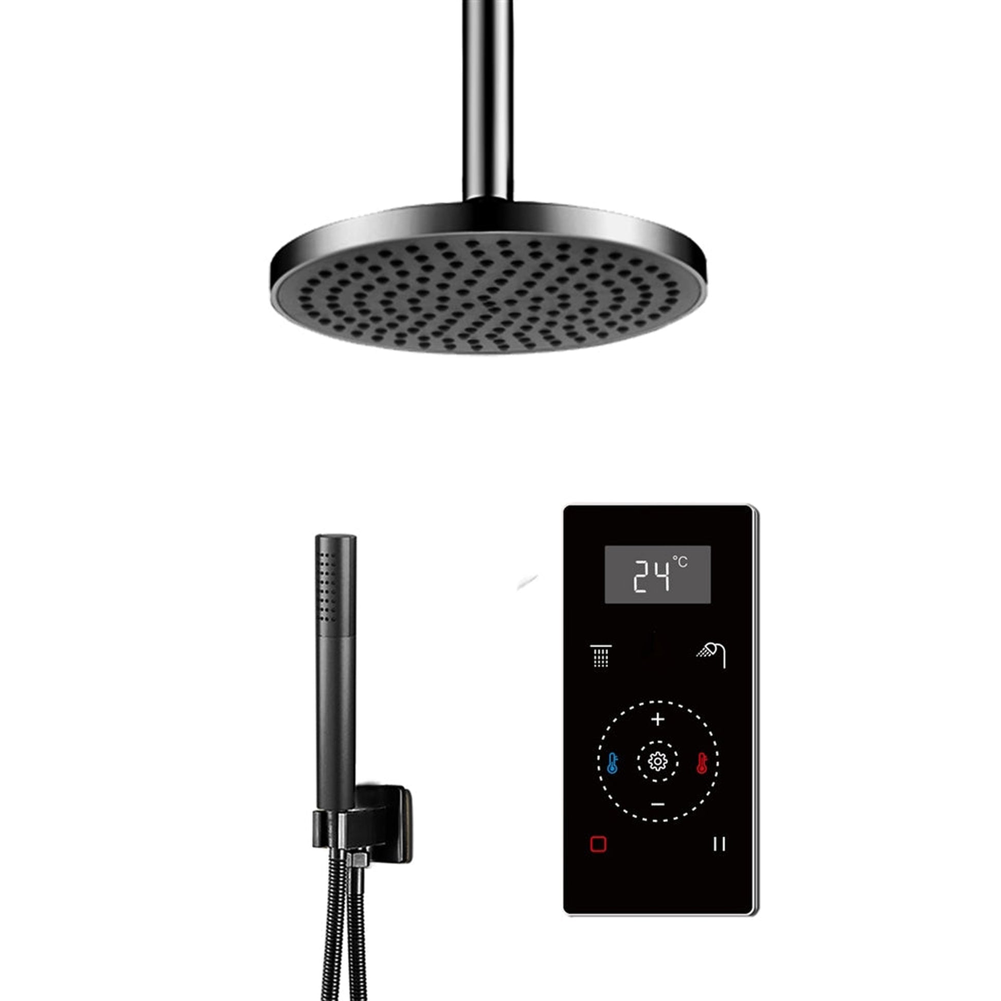 Fontana 12" Matte Black Ceiling Mounted Digital Thermostatic Shower With Black Digital Touch Screen Shower Mixer Display Rainfall Shower Set With Hand Shower