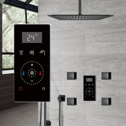Fontana 12" Matte Black Ceiling Mounted Thermostatic Massage Shower Digital Touch Screen Shower Mixer Display 3-Function Rainfall Shower System With Hand Shower and 4-Jet Body Sprays