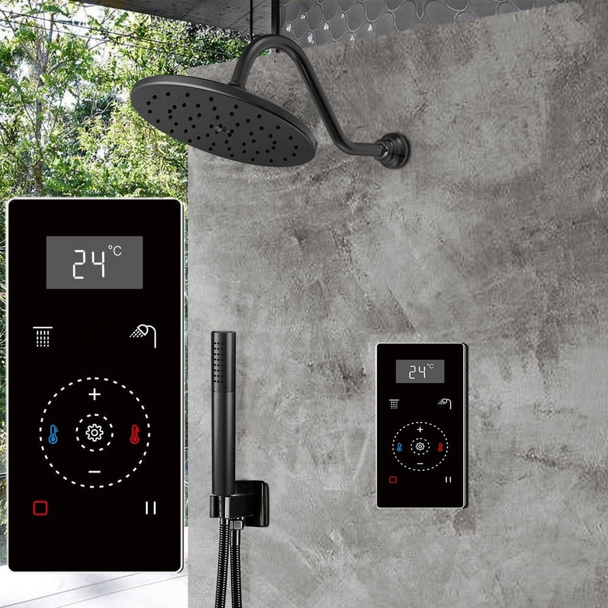 Fontana 12" Matte Black Round Wall-Mounted Automatic Thermostatic Shower With Black Digital Touch Screen Shower Mixer Display 2-Function Rainfall Shower Set With Hand Shower