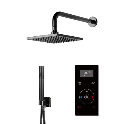 Fontana 12" Matte Black Square Wall-Mounted Automatic Thermostatic Shower With Black Digital Touch Screen Shower Mixer Display 2-Function Rainfall Shower Set With Hand Shower