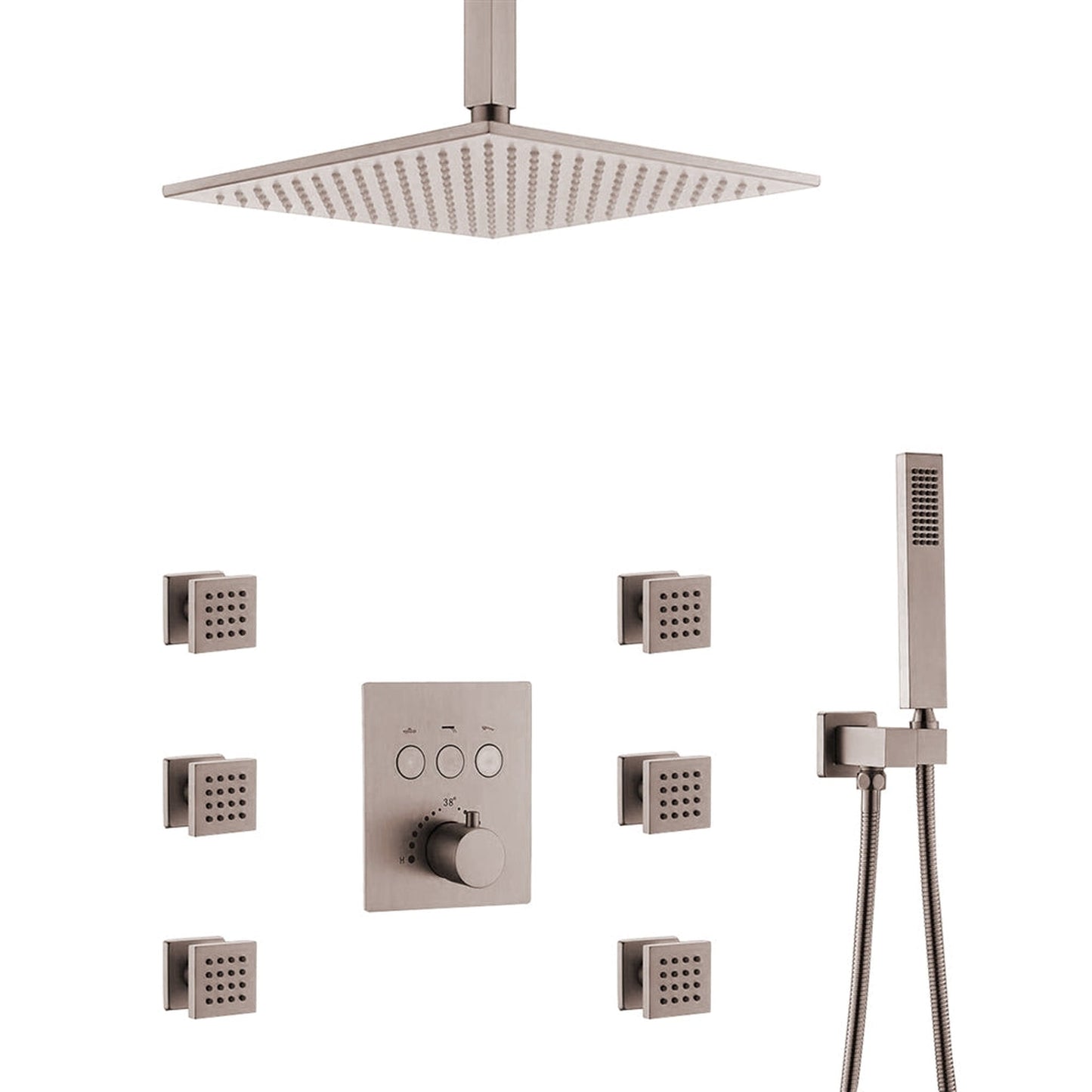 Fontana 16" Brushed Nickel Square Ceiling Mounted Rainfall Thermostat Mixer Shower System With 4-Jet Sprays and Hand Shower