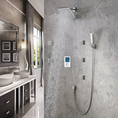 Fontana 16" Brushed Nickel Wall-Mounted Digital Temperature Controller Shower System With Hand Shower and 6-Jet Body Sprays
