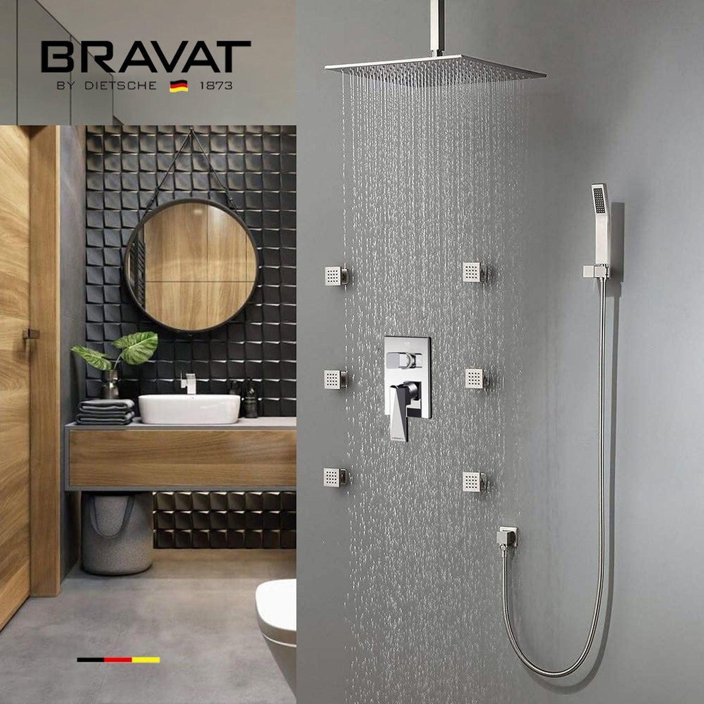 Fontana 16" Chrome Square Ceiling Mounted Thermostatic Rainfall Shower Set With 6-Jet Body Spray and Hand Showers