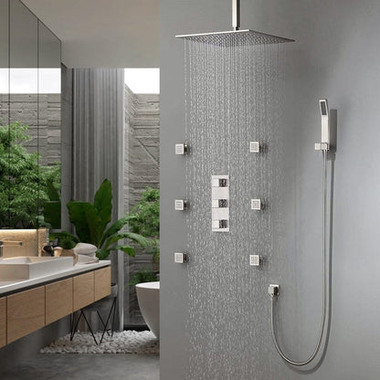 Fontana 16" Chrome Square Ceiling Mounted Thermostatic Rainfall Shower Set With 6-Jet Body Sprays and Hand Shower