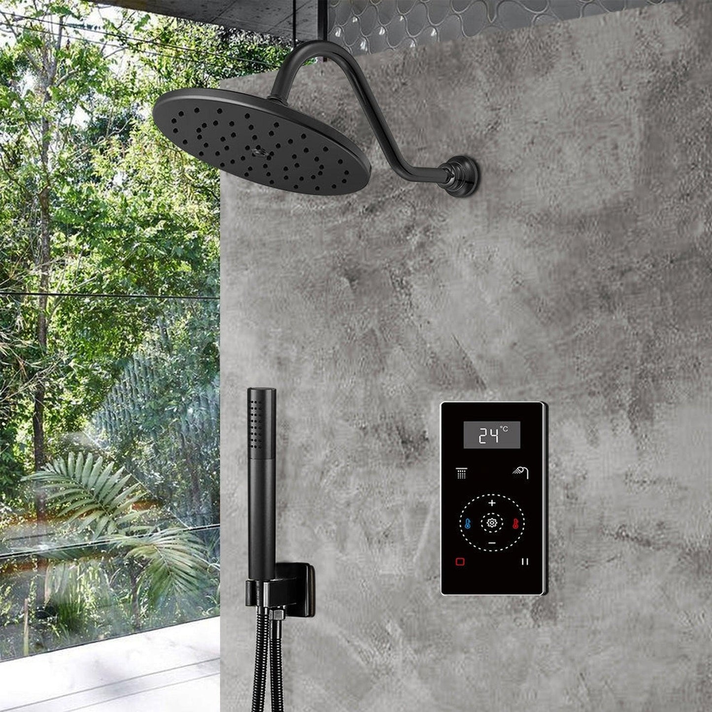 Fontana 16" Matte Black Round Wall-Mounted Automatic Thermostatic Shower With Black Digital Touch Screen Shower Mixer Display 2-Function Rainfall Shower Set With Hand Shower