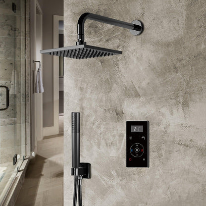 Fontana 16" Matte Black Square Wall-Mounted Automatic Thermostatic Shower With Black Digital Touch Screen Shower Mixer Display 2-Function Rainfall Shower Set With Hand Shower