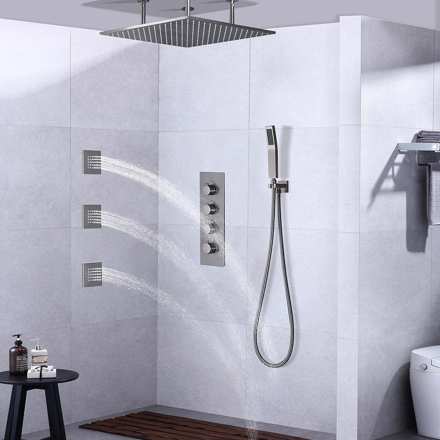 Fontana 20" x 20" Brushed Nickel Ceiling Mounted Thermostatic Valve Shower System With 3-Jet Sprays, Hand Shower and Water Powered LED Lights