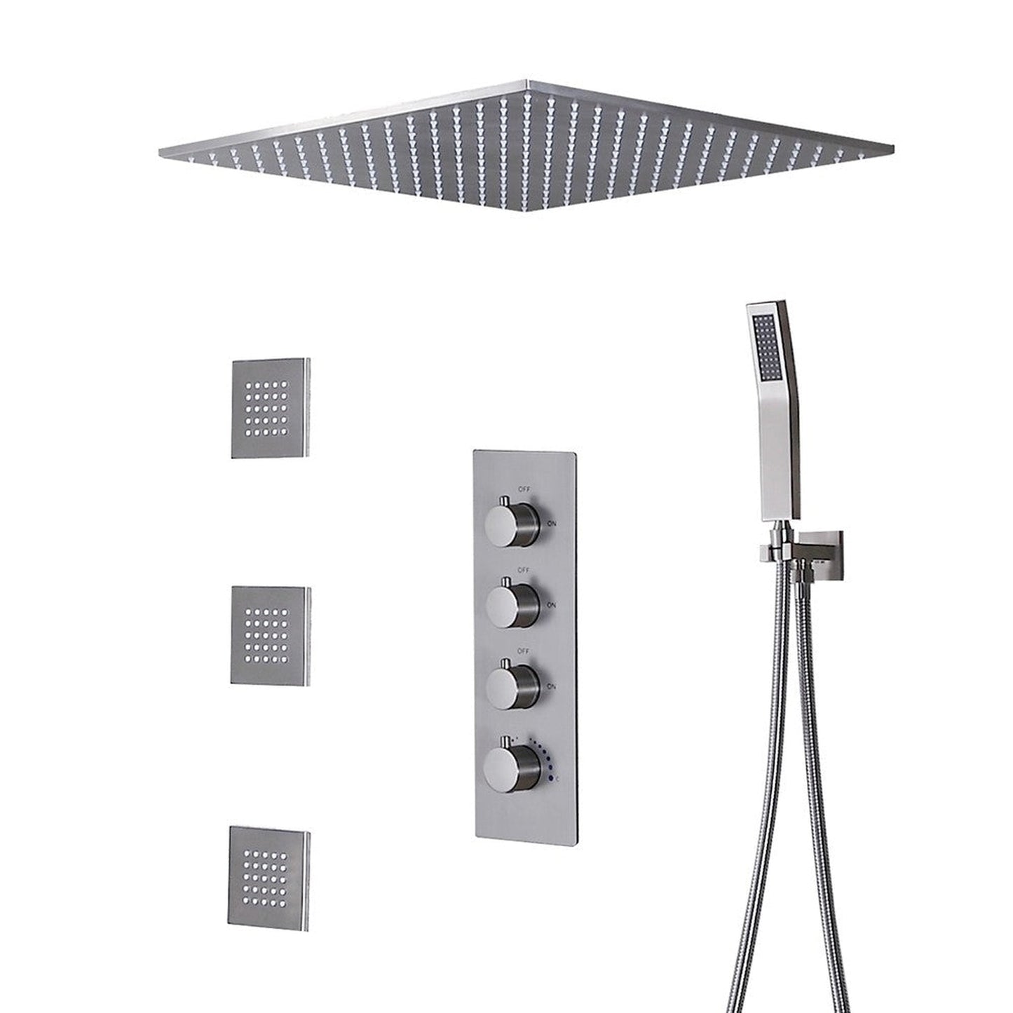 Fontana 20" x 20" Brushed Nickel Ceiling Mounted Thermostatic Valve Shower System With 3-Jet Sprays, Hand Shower and Water Powered LED Lights
