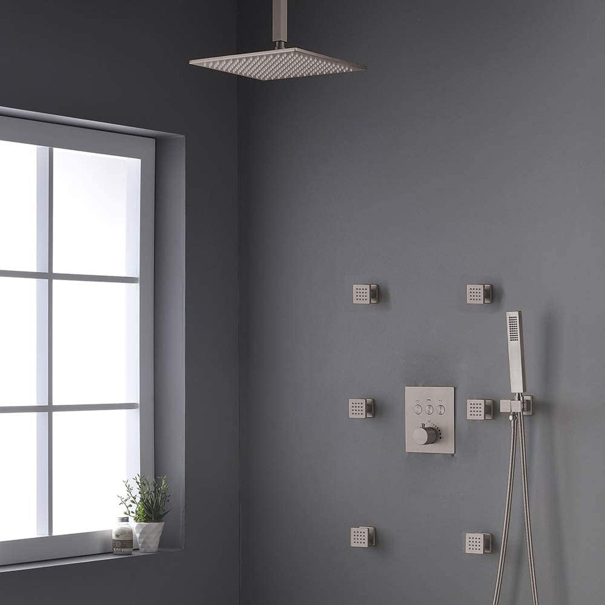 Fontana 24" Brushed Nickel Square Ceiling Mounted Rainfall Thermostat ...