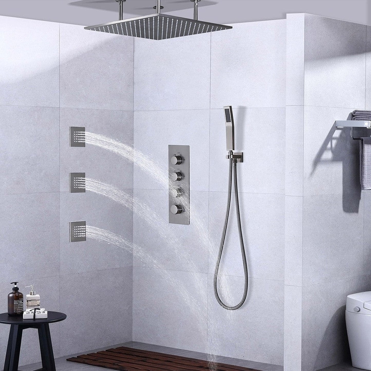 Fontana 24" x 24" Brushed Nickel Ceiling Mounted Thermostatic Valve Shower System With 3-Jet Sprays, Hand Shower and Water Powered LED Lights