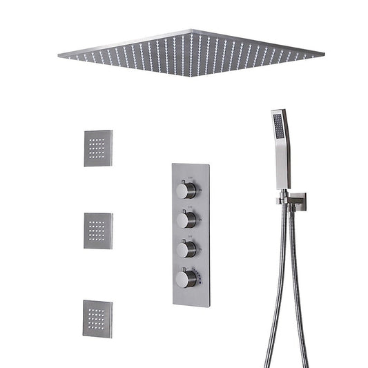 Fontana 24" x 24" Brushed Nickel Ceiling Mounted Thermostatic Valve Shower System With 3-Jet Sprays, Hand Shower and Without Water Powered LED Lights