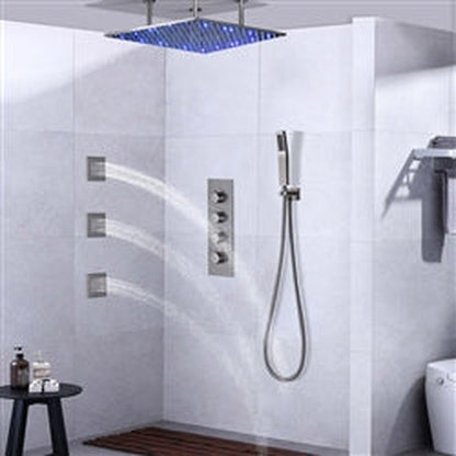 Fontana 31" x 16" Brushed Nickel Ceiling Mounted Thermostatic Valve Shower System With 3-Jet Sprays, Hand Shower and Water Powered LED Lights