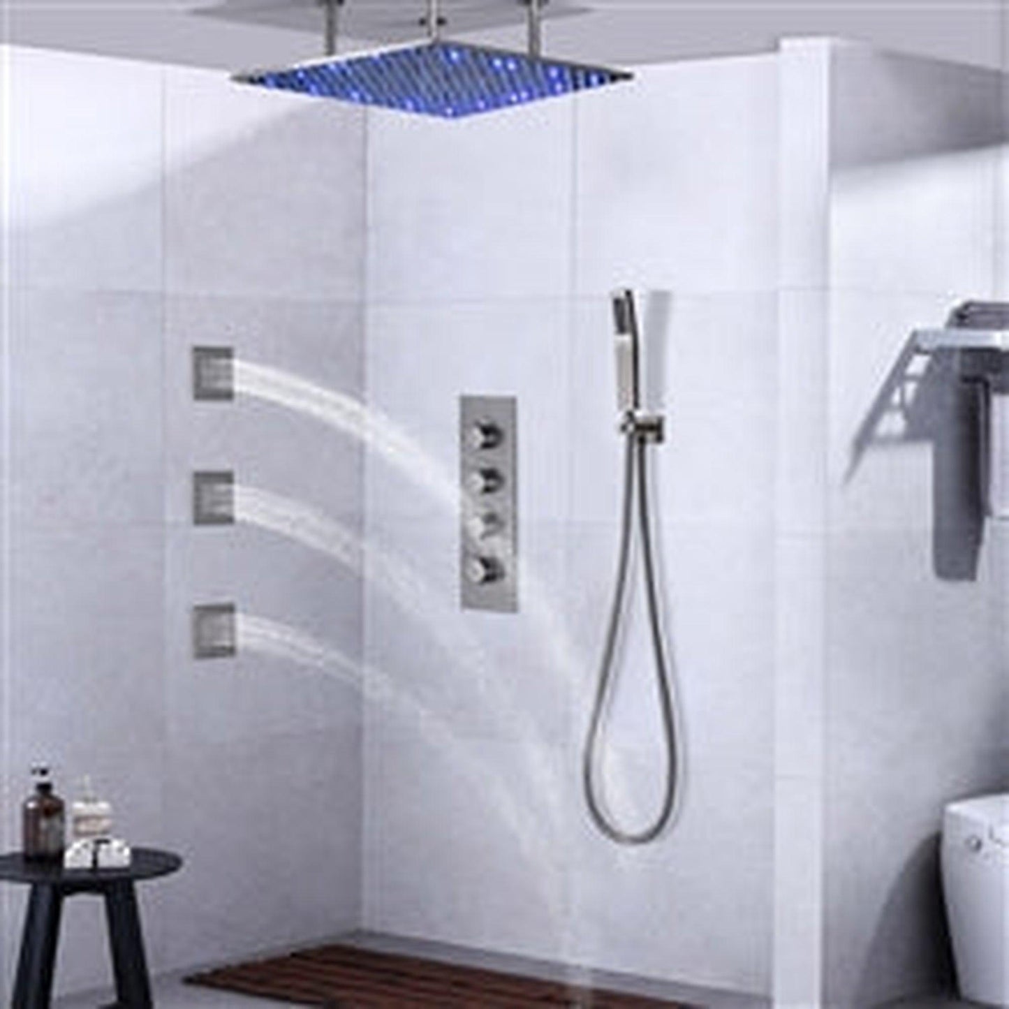 Fontana 40" x 20" Brushed Nickel Ceiling Mounted Thermostatic Valve Shower System With 3-Jet Sprays, Hand Shower and Water Powered LED Lights
