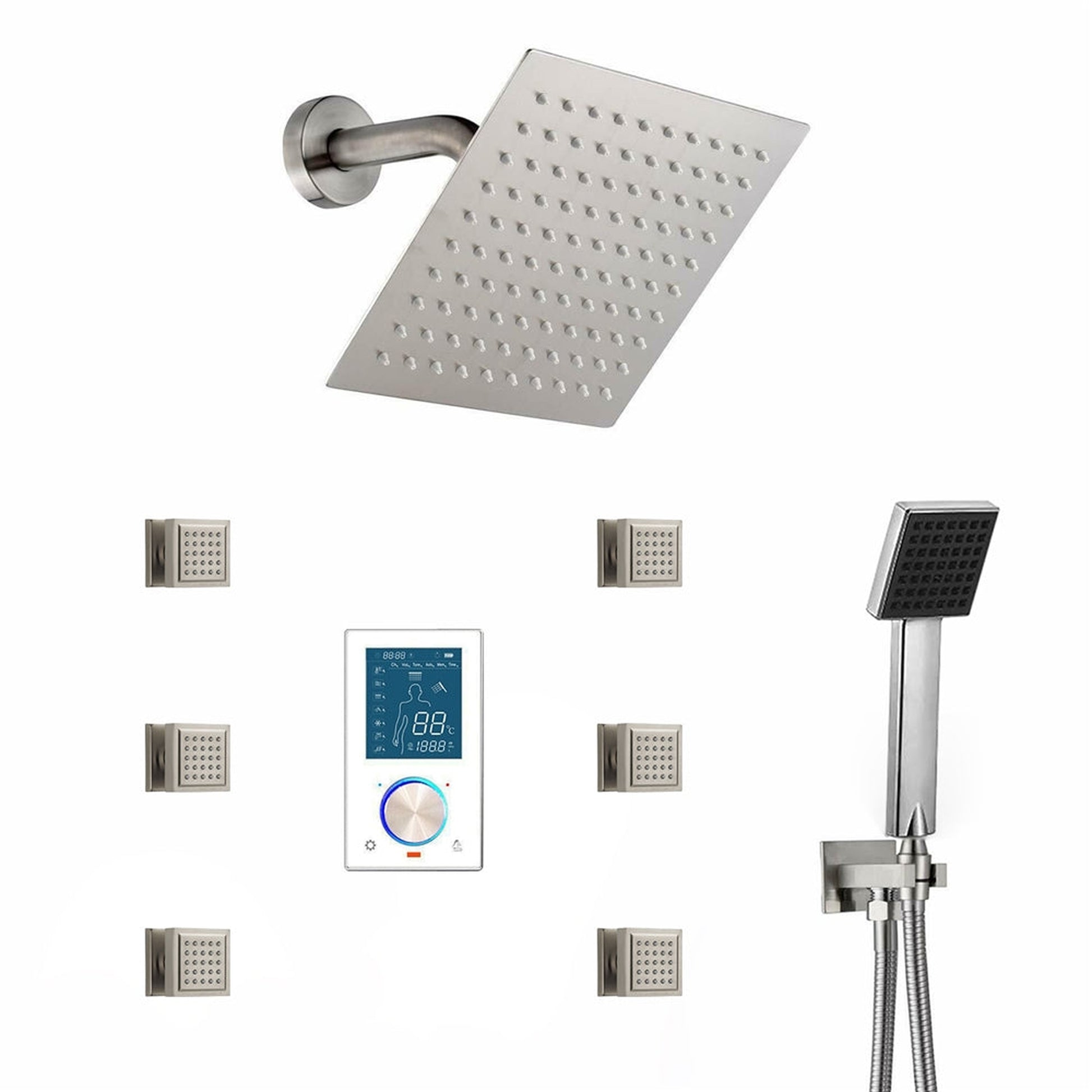 Fontana 8" Brushed Nickel Wall-Mounted Digital Temperature Controller Shower System With Hand Shower and 6-Jet Body Sprays
